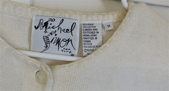 Michael Simon New York - Short Sleeve Sweater -- White with Floral Band and Sleeves - Size Medium 