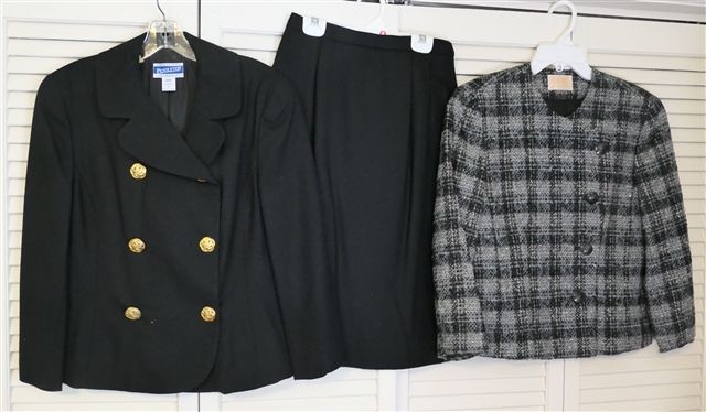 Pendleton Classic - Black Wool Skirt Suit with Gold Buttons - Size 8 Jacket Size 6 Skirt and Pendleton Wool Tweed Jacket with Asymmetrical Buttons and Front - Size 6