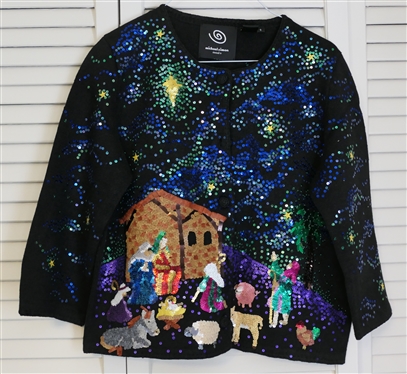 Michael Simon Events Nativity Sweater - Incredible Beaded Nativity - Beading on Front and Back - Size Small 