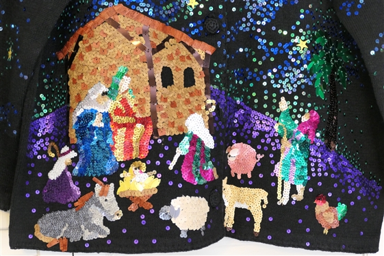 Michael Simon Events Nativity Sweater - Incredible Beaded Nativity - Beading on Front and Back - Size Small 