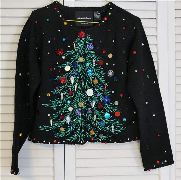 Michael Simon New York - Beaded Christmas Tree Cardigan Sweater - Size Small - Outstanding Beading 