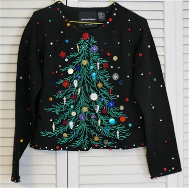 Michael Simon New York - Beaded Christmas Tree Cardigan Sweater - Size Small - Outstanding Beading 
