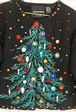 Michael Simon New York - Beaded Christmas Tree Cardigan Sweater - Size Small - Outstanding Beading 