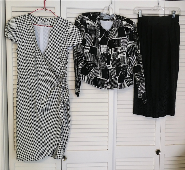 Geary Roark Kamisato Black and White Check Wrap Dress - Size 6 and Adrianna Papell Silk Skirt Set - Black and White Silk Jacket with Black Silk Column Skirt  - Size 6