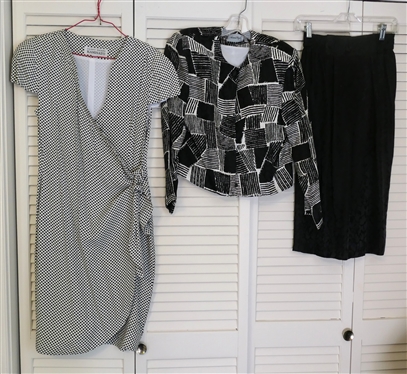 Geary Roark Kamisato Black and White Check Wrap Dress - Size 6 and Adrianna Papell Silk Skirt Set - Black and White Silk Jacket with Black Silk Column Skirt  - Size 6