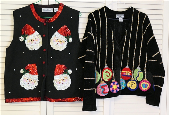 Berek Christmas Ornament Sweater Size Small and Belle Pointe Sequin Santa Sweater Vest Size Medium 
