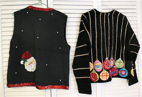 Berek Christmas Ornament Sweater Size Small and Belle Pointe Sequin Santa Sweater Vest Size Medium 