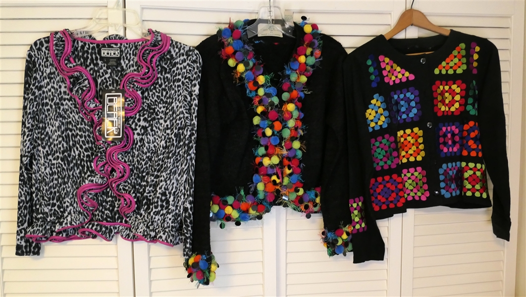 Berek Black and Pink Leopard Cardigan - New with Tags - Size Large, Design Options by Phillip & Jane Gordon Fun Cardigan Sweater - Size Small, and Black Cotton Cardigan with Embroidered Hearts - No...
