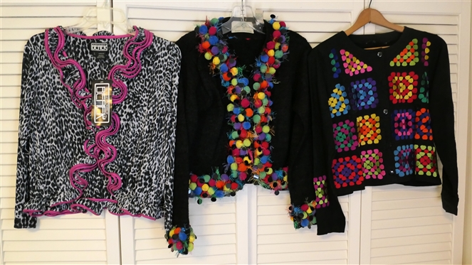 Berek Black and Pink Leopard Cardigan - New with Tags - Size Large, Design Options by Phillip & Jane Gordon Fun Cardigan Sweater - Size Small, and Black Cotton Cardigan with Embroidered Hearts - No...