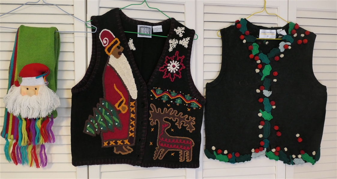 Sigrid Olsen Christmas Sweater Vest - Size Small,  Lisa Nichols Christmas Sweater Vest with Holly Leaves, and Christmas Scarf with Santa