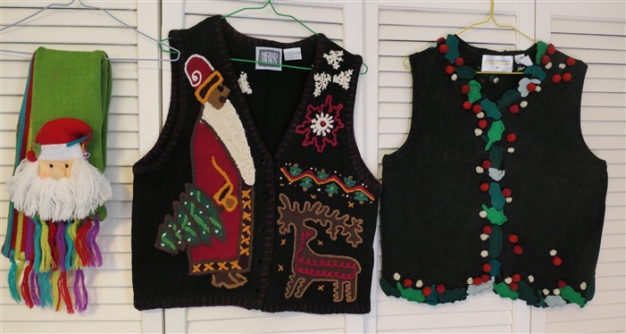 Sigrid Olsen Christmas Sweater Vest - Size Small,  Lisa Nichols Christmas Sweater Vest with Holly Leaves, and Christmas Scarf with Santa