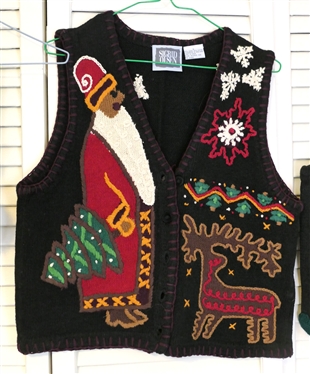 Sigrid Olsen Christmas Sweater Vest - Size Small,  Lisa Nichols Christmas Sweater Vest with Holly Leaves, and Christmas Scarf with Santa