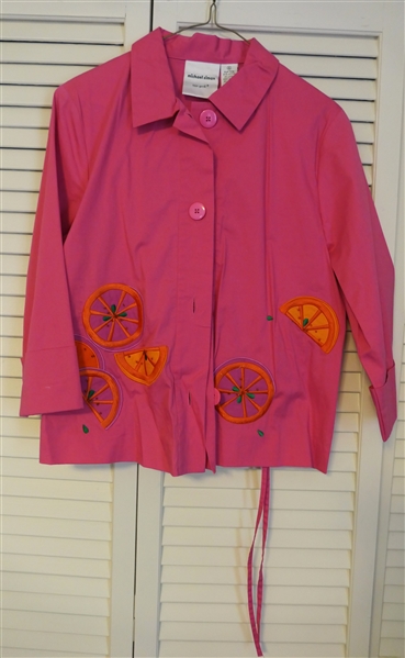 Michael Simon Pink Pants and Top Set with Embroidered Oranges - Size Small - Short Sleeve Top and Draw String Waist Pants