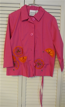 Michael Simon Pink Pants and Top Set with Embroidered Oranges - Size Small - Short Sleeve Top and Draw String Waist Pants