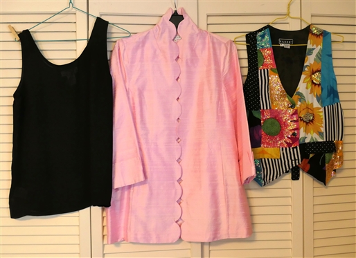 Patti Kim Pink Dupioni Silk Jacket with Scalloped Edges - Size Small, Black Rena Rowan Shell, and Faith Floral Vest with Sequin Accents - Size Small 