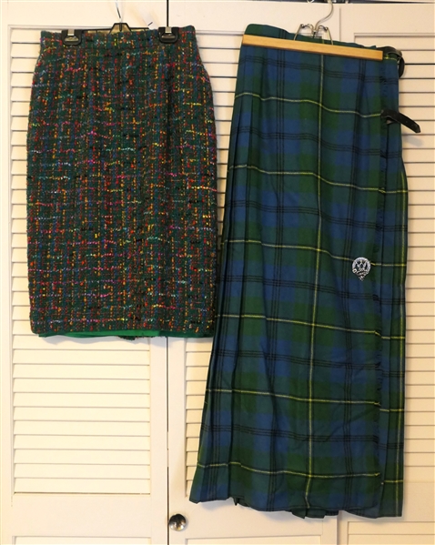 Carlisle Green Tweed Skirt - Never Worn with Original Tags - Size 6 and Navy, Blue,  and Green Tartan Plaid Wrap Skirt with Leather Closures - Scottish Pin on Skirt 
