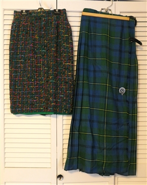Carlisle Green Tweed Skirt - Never Worn with Original Tags - Size 6 and Navy, Blue,  and Green Tartan Plaid Wrap Skirt with Leather Closures - Scottish Pin on Skirt 