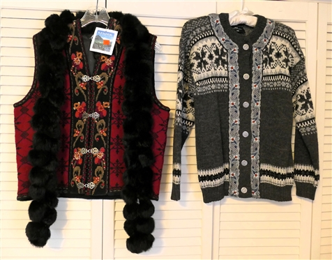 Icelandic Design Wool Sweater Vest - New with Original Tag, EveNord Nordic Cardigan Sweater, and Fur Scarf