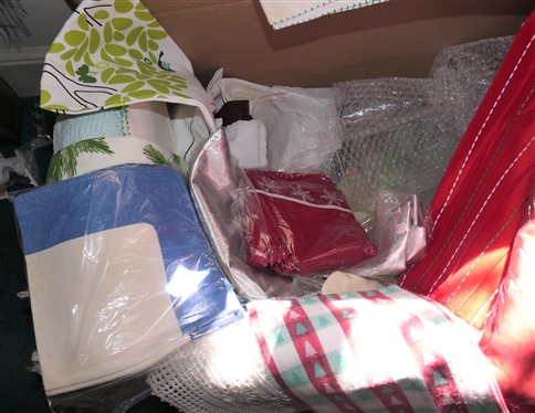 Huge Lot of Table Linens including New Red Liz Claiborne Place Mats, Cross Stich Pagoda Napkins &Table Cloth, Mid Century, Traditional, Christmas, Etc. 