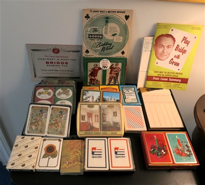 Large Group of Playing Cards and Bridge Score Pads - Sets of Cards include Spector, Sun Flowers, Fox Hunts, Flowers, Christmas Etc. 