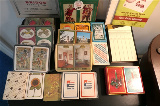 Large Group of Playing Cards and Bridge Score Pads - Sets of Cards include Spector, Sun Flowers, Fox Hunts, Flowers, Christmas Etc. 
