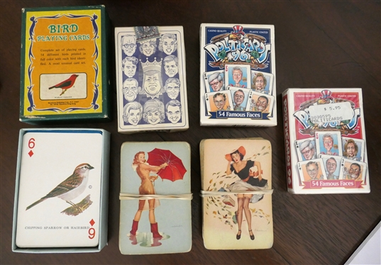 7 Decks of Playing Cards Birds, Politicards with Presidents, and Vintage Risque Cards 