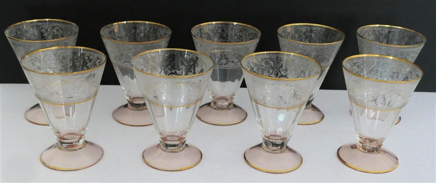 9 - Glastonbury - Lotus  Decoration 889 Rose 10 Oz. Footed Tumblers - Etched Band Around Top - Ribbed Body - Pink Foot - with Gold Trim - Each Measures  4 5/8 Tall 