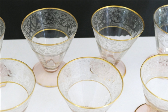 9 - Glastonbury - Lotus  Decoration 889 Rose 10 Oz. Footed Tumblers - Etched Band Around Top - Ribbed Body - Pink Foot - with Gold Trim - Each Measures  4 5/8 Tall 