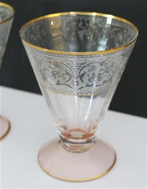 9 - Glastonbury - Lotus  Decoration 889 Rose 10 Oz. Footed Tumblers - Etched Band Around Top - Ribbed Body - Pink Foot - with Gold Trim - Each Measures  4 5/8 Tall 