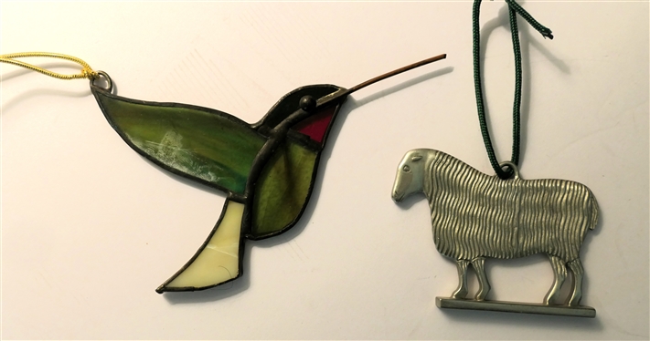 Aarfac Pewter Sheep Ornament by Reed and Barton and Leaded Glass Humming Bird - Sun Catcher / Ornament - Sheep is 2 3/4 Long