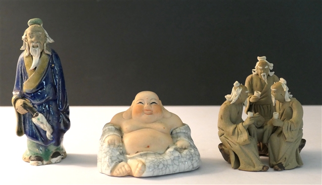3 Asian Figures - Chinese Mud Men, Mud Man Figure, and Siting Buddha - Single Mud Man is 4 1/4 Tall 