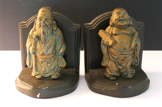 Pair of Asian Chalk Buddha Book Ends - Young Buddha and Older Buddha - Each Measures 7 Tall 