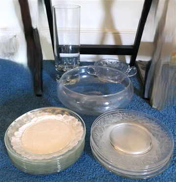 Lot of Crystal - 17 Clear Plates - Arcoroc and Others, Berry Bowl - Damaged, Vase with Substantial Foot, and Large Round Bowl   - Plates Measure 7 1/2 Across