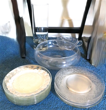 Lot of Crystal - 17 Clear Plates - Arcoroc and Others, Berry Bowl - Damaged, Vase with Substantial Foot, and Large Round Bowl   - Plates Measure 7 1/2 Across