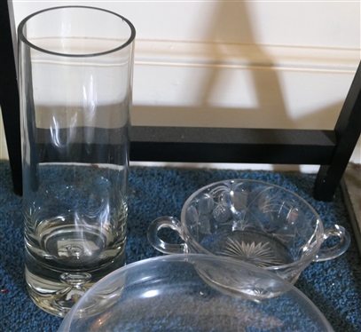 Lot of Crystal - 17 Clear Plates - Arcoroc and Others, Berry Bowl - Damaged, Vase with Substantial Foot, and Large Round Bowl   - Plates Measure 7 1/2 Across