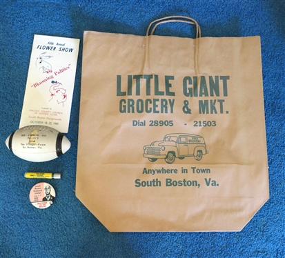 South Boston Virginia Lot- Little Giant Grocery Bag, Blooming Politics Flower Show Program - October 1960, Go ..Comets. Go Fuller''s and The Village Room Foot Ball, Ernie''s Restaurant...