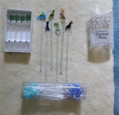 Lot of Cocktail Stirrer Sticks - Art Glass with Fish and Birds, Plastic with Fish, Stainless Steel Cocktail Picks, and New in Box Crate and Barrel Olive Picks