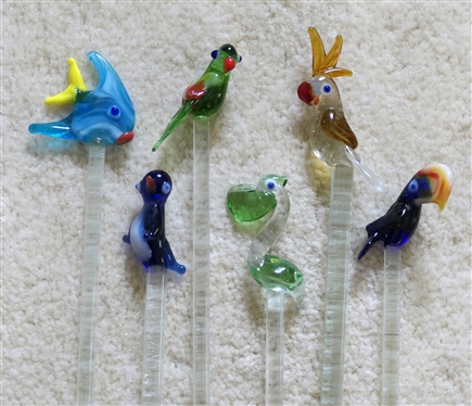 Lot of Cocktail Stirrer Sticks - Art Glass with Fish and Birds, Plastic with Fish, Stainless Steel Cocktail Picks, and New in Box Crate and Barrel Olive Picks
