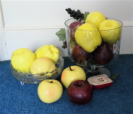 Footed Trifle Bowl, Footed Crystal Bowl with Etched Stars, and Ceramic Apples, and Faux Apples - Etched Bowl Measures 3 Tall 7 Across