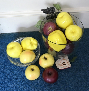 Footed Trifle Bowl, Footed Crystal Bowl with Etched Stars, and Ceramic Apples, and Faux Apples - Etched Bowl Measures 3 Tall 7 Across