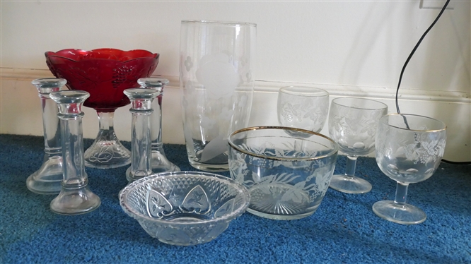 Lot of Glassware including Large Floral Etched Vase, Grape and Vine Compote, 4 Candle Sticks, and Heart Bowl - Vase Measures 11 1/4 Tall Candle Sticks 7 Tall 