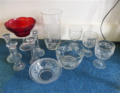 Lot of Glassware including Large Floral Etched Vase, Grape and Vine Compote, 4 Candle Sticks, and Heart Bowl - Vase Measures 11 1/4 Tall Candle Sticks 7 Tall 