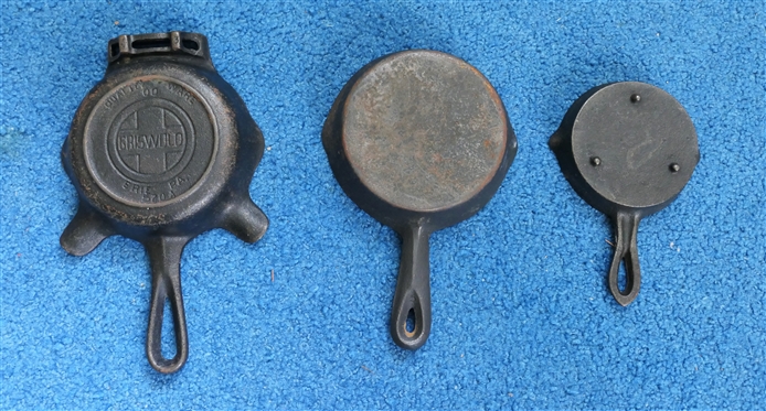 2 Miniature Cast Iron Frying Pans and Griswold Cast Iron Frying Pan Ash Tray - Number 520A