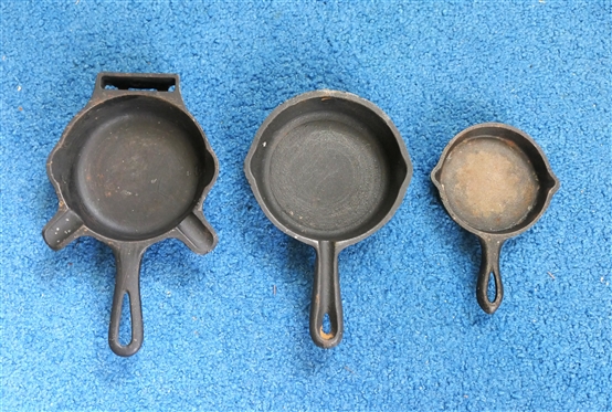 2 Miniature Cast Iron Frying Pans and Griswold Cast Iron Frying Pan Ash Tray - Number 520A