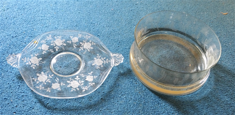 Beautiful Etched Center Piece Bowl with Substantial Base and Rose Etched Cake Plate - Bowl Measures 4 1/4 Tall 9 3/4 Across