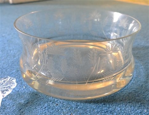 Beautiful Etched Center Piece Bowl with Substantial Base and Rose Etched Cake Plate - Bowl Measures 4 1/4 Tall 9 3/4 Across