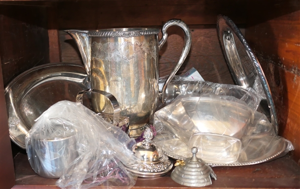 Lot of Silverplate Items - Pitcher, Oval Trays, Gravy Boat, and Basket 