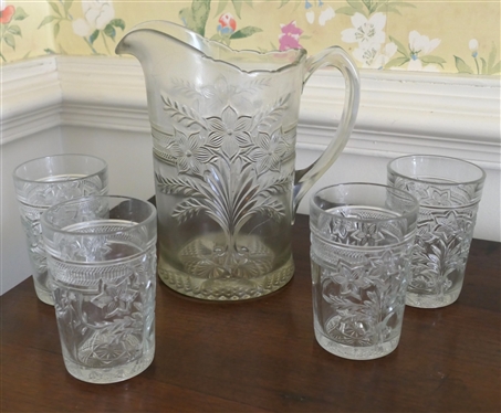 Antique EAPG Pitcher and 4 Tumblers - Narcissus Flower Pattern - Pitcher Measures 8 Tall Tumblers 4 1/4 