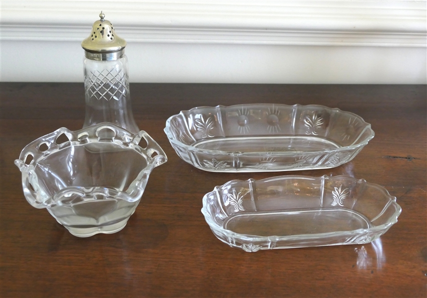 2 Oval Fostoria Dishes, Sugar Shaker with Etched Xs, and Fluted Bowl - Largest Baroque Bowl Measures 10 1/2" by 5 1/2" 