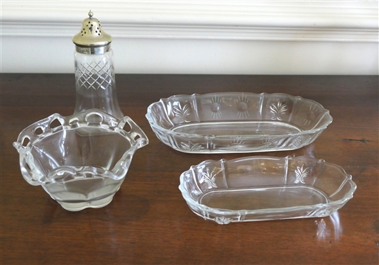 2 Oval Fostoria Dishes, Sugar Shaker with Etched X''s, and Fluted Bowl - Largest Baroque Bowl Measures 10 1/2 by 5 1/2 